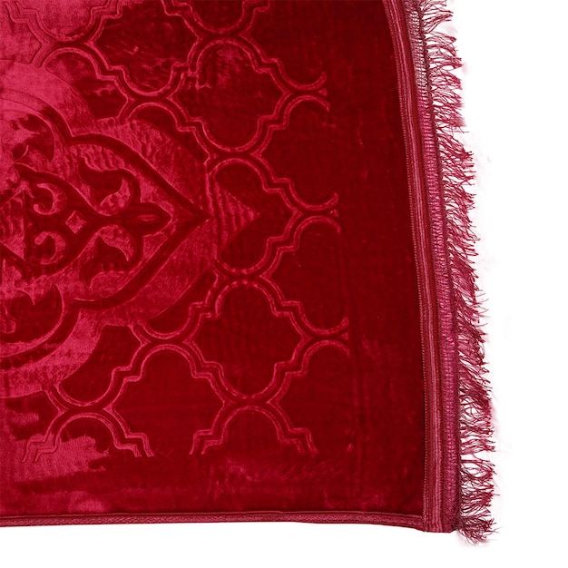 A red and white rug with a pattern of the word arab on it