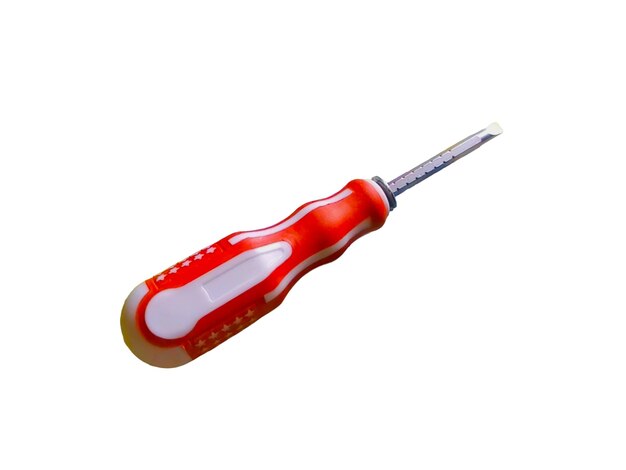 A red and white screwdriver is shown in a white background