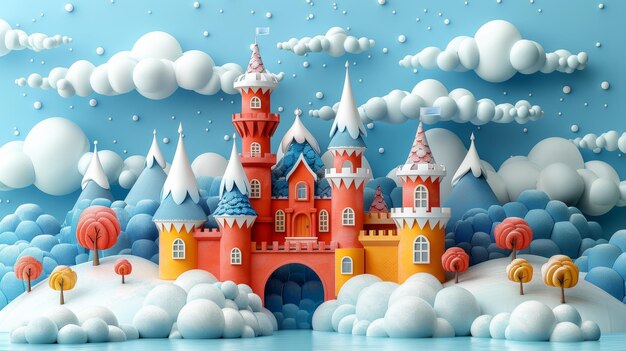 A Red and White Snow Scenery Castle featuring a fantastic cartoonstyle illustration A fantastic wallpaper story background or card design of this painting is available from our online store