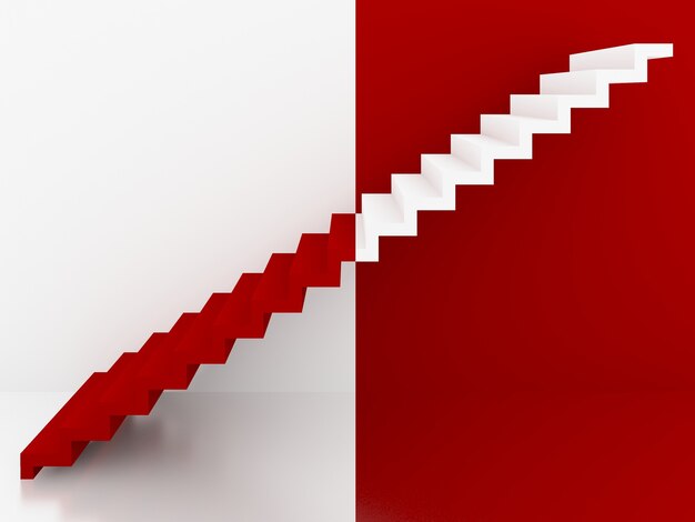 Red and white stairs in interior, 3d