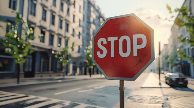 Photo a red and white stop sign in the foreground is in focus with an out of focus street and buildings in the background