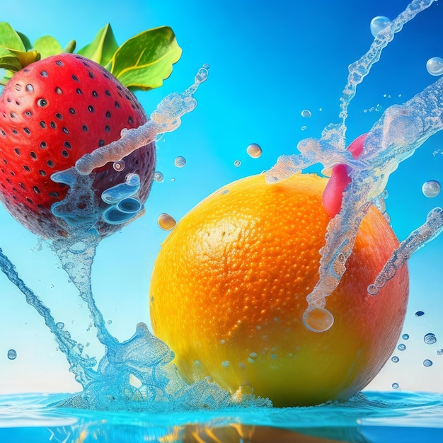 A red and white strawberry is splashing in water and it is a splash of water.