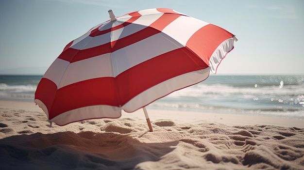 A red and white striped beach umbrella on the beach