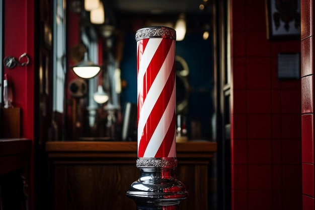 Photo a red and white striped candle is in a bar.