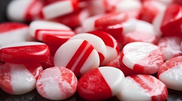 Red and white striped peppermint candies arranged diagonally across the frame