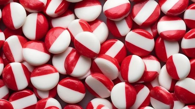 Red and white striped peppermint candies arranged diagonally across the frame