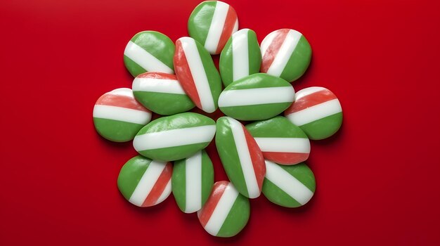 Photo red and white striped peppermint candies arranged in the shape of an x on a solid green background