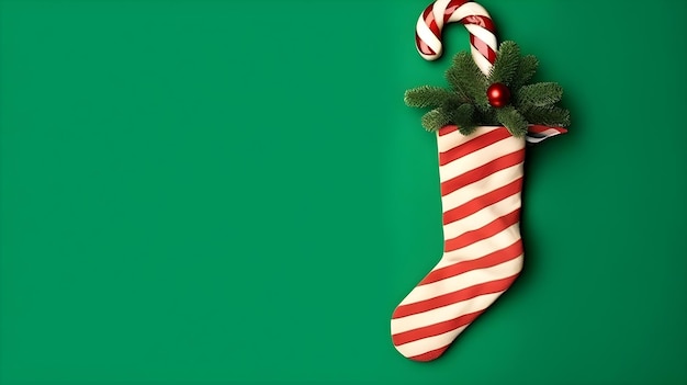 A red and white striped stocking with a candy cane and a green background