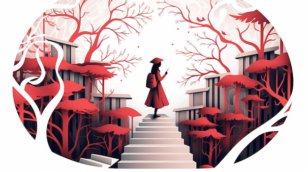 Red and white student illustration in paper cut style on white isolated background