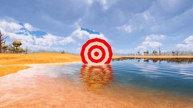 A red and white target with decorative natural elements in low poly 3d render