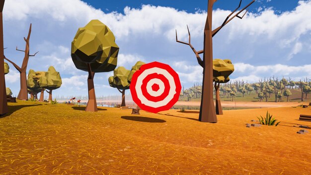 A red and white target with decorative natural elements in low poly 3d render