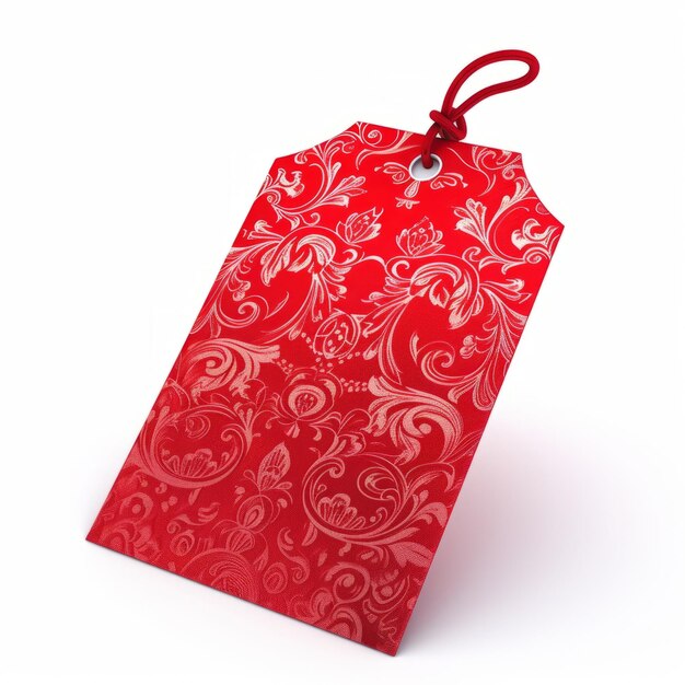 Red and white textured paper tag with a red string