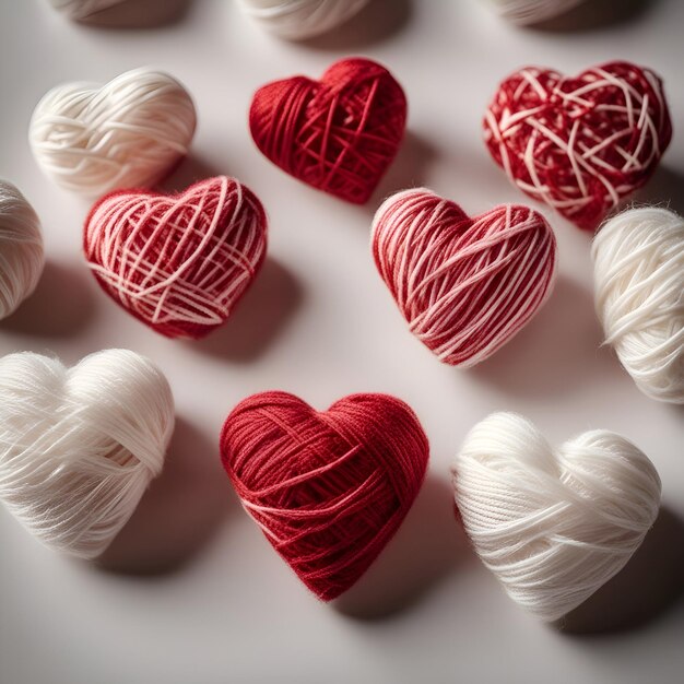 Red and white threads in heart shape on white background Valentines day concept