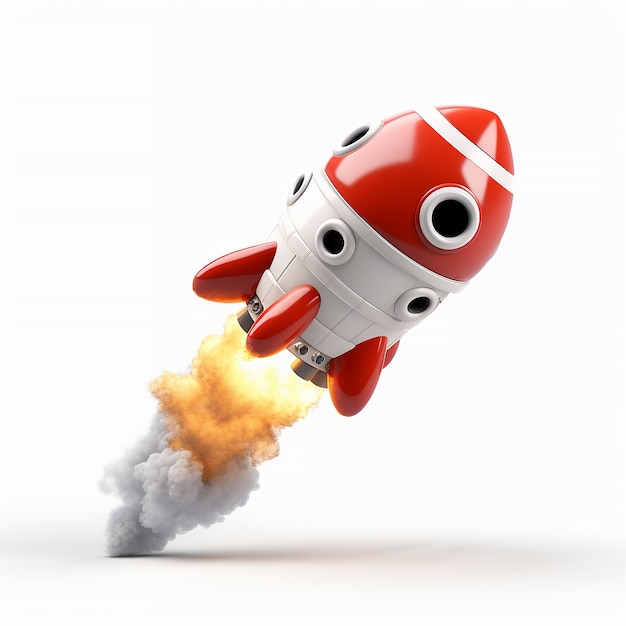 A red and white toy rocket with a white face and white eyes is flying through the air.