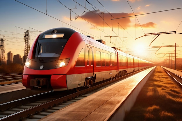 Красно-белый поезд, едущий по железнодорожным путям. Высокоскоростной пригородный поезд на закате.
