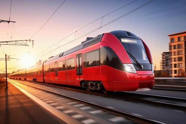 A red and white train traveling down train tracks Highspeed suburban train at sunset