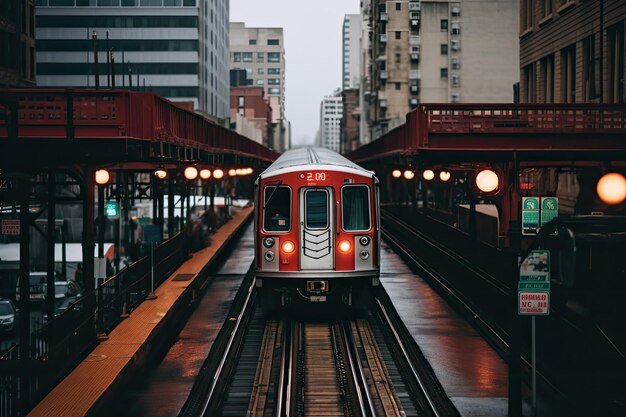 Red and white train traveling down train tracks