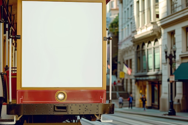 A red and white trolley with a white sign on the side