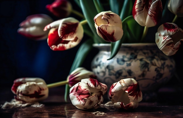 Red and white tulips are in a white vase