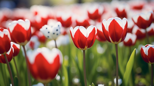 Red and white tulips close up photo with selective flowers