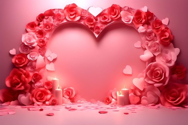 Red and white valentine background with hearts and roses