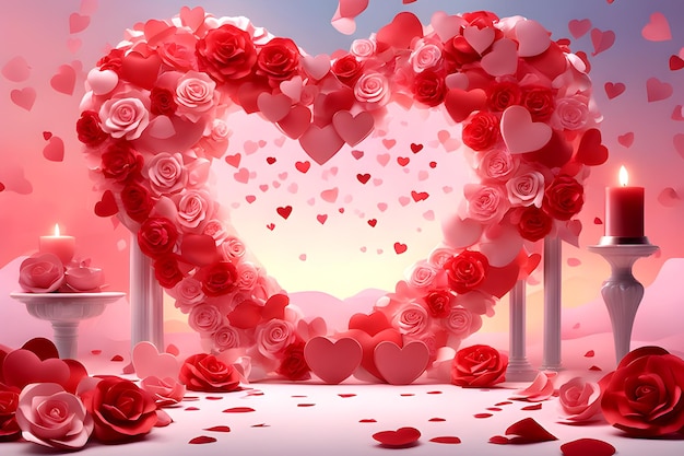 Red and white valentine background with hearts and roses