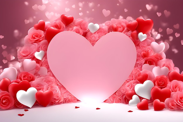 Red and white valentine background with hearts and roses