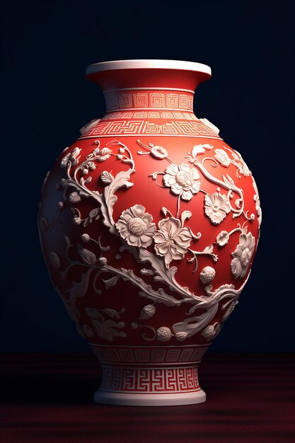 a red and white vase with a floral design on the side.