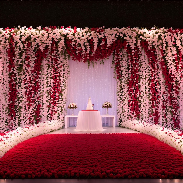 A red and white wedding setup with flowers and a cake