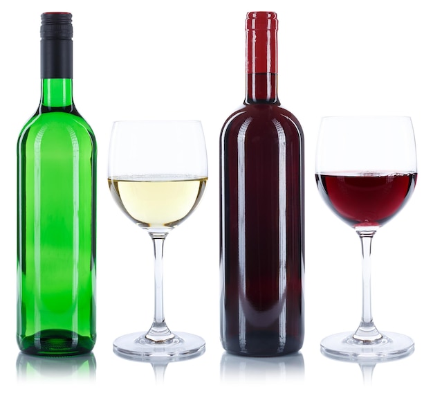 Photo red and white wine bottles glass alcohol isolated