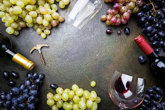 Vino rosso e bianco con bicchiere, bottiglia e uva su pietra dura