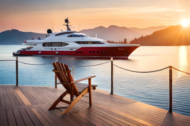 A red and white yacht is docked on a dock with mountains in the background.