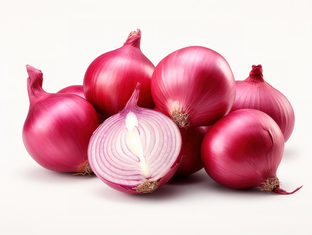 Red whole and chopped onion isolated on white background
