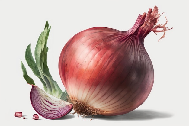 Red whole and sliced onion isolated on white background Created with Generative AI technology