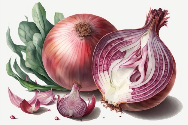 Red whole and sliced onion isolated on white background Created with Generative AI technology