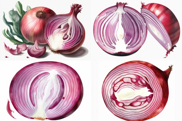 Red whole and sliced onion isolated on white background Created with Generative AI technology