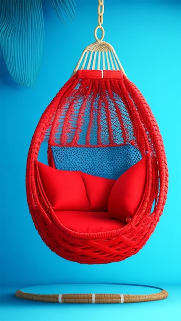 Red wicker hanging chairs swing hanging on a chain with cushions relax pillow
