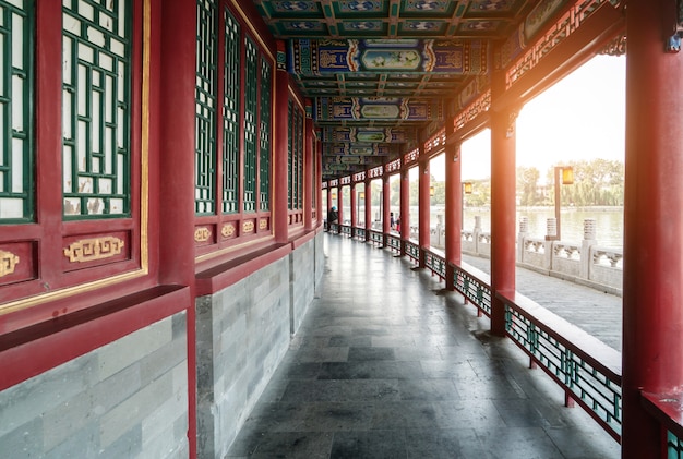 Red windows and pillars in temples in Beijing, China