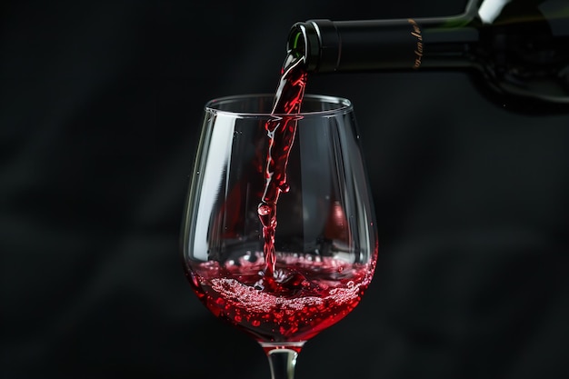 赤ワインがガラスのカップに注ぎ込まれる 黒い設定と空間の上で 生成的なAI