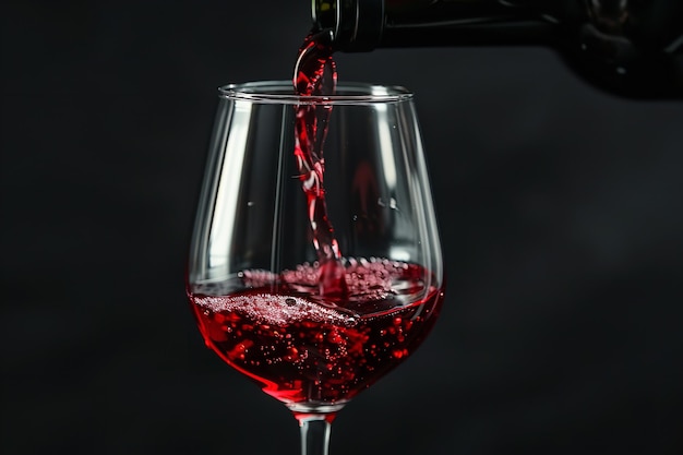 Красное вино наливается в стеклянную чашку над черным окружением и пространством Генеративный ИИ