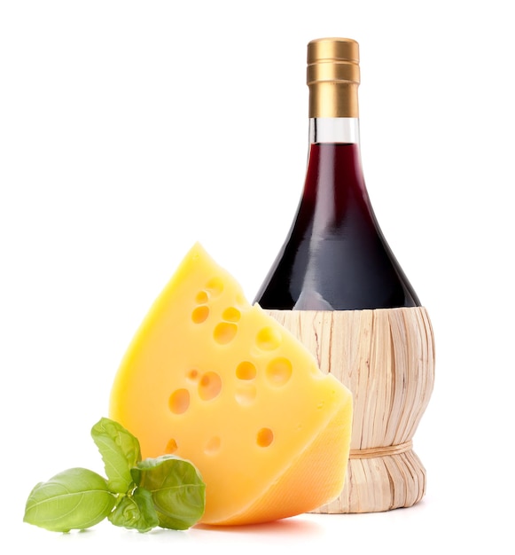 Red wine bottle and cheese still life