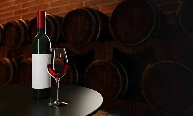 Photo red wine bottle and clear glass with red wine put on a wooden table with many wine fermentation tanks at cellar placed close to the red brick wall 3d rendering