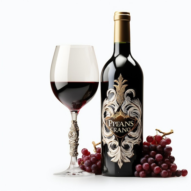 Red wine bottle and filled glass with vine