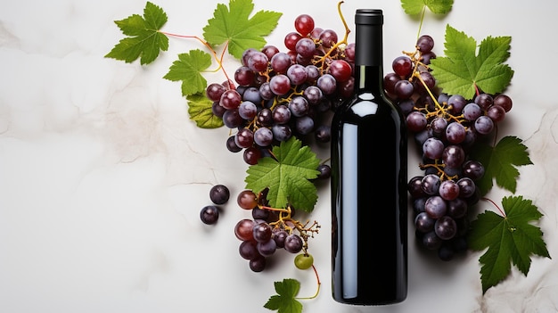 Red wine bottle and fresh grape berries with leaves on white marble background