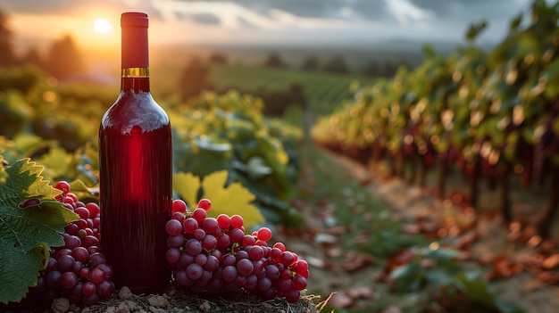 A red wine bottle in front of a landscape of grape farmland