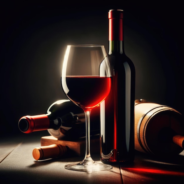 Photo red wine bottle and glass background for banner and post
