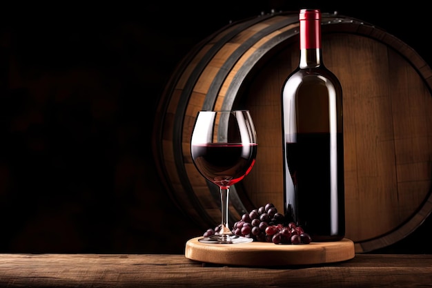 Red wine bottle and glass on wooden barrel paraphrased Red wine and glass on barrel