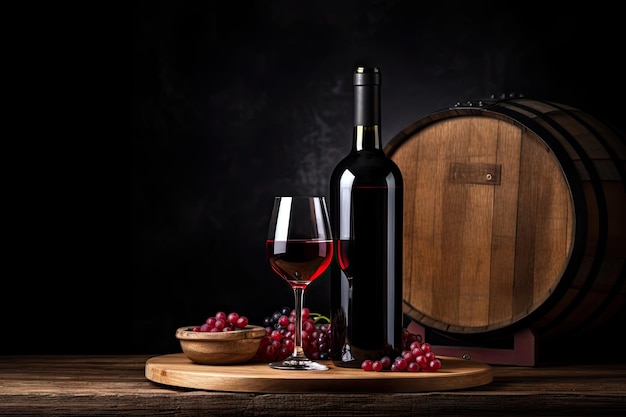 Red wine bottle and glass on wooden barrel paraphrased Red wine and glass on barrel