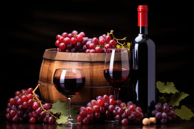 Red wine bottle grape and wine glass near the wooden barrel AI generated illustration