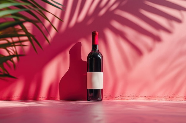 red wine bottle isolated on a pink pattern flat